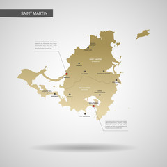 Stylized vector Saint Martin map.  Infographic 3d gold map illustration with cities, borders, capital, administrative divisions and pointer marks, shadow; gradient background. 