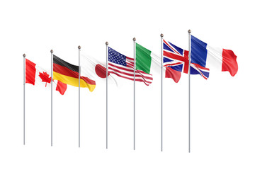 Big Seven. G7 flags Silk waving flags of countries of Group of Seven Canada, Germany, Italy, France, Japan, USA states, United Kingdom 2019. Isolated on white. 3D illustration.