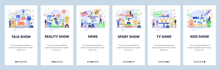 Mobile app onboarding screens. Television industry, tv show, sport news. Menu vector banner template for website and mobile development. Web site design flat illustration