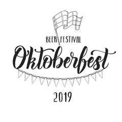 Oktoberfest hand made lettering with sausage. Beer festival 2019. Sketch. Oktoberfest print design for menu, poster, banner, flyer, brochure,