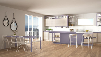 Penthouse minimalist kitchen interior design, lounge with sofa and carpet, dining table, island with stools, parquet. Modern contemporary white and violet architecture concept idea