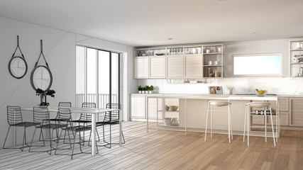 Architect interior designer concept: unfinished project that becomes real, penthouse kitchen interior design, island with stools, dining table, parquet, concept idea