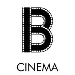 Logotipo con texto CINEMA con letra B como tira de película en color negro