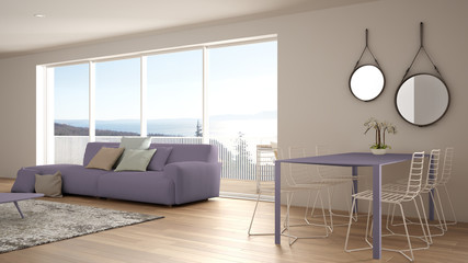 Penthouse minimalist kitchen interior design, lounge with sofa and carpet, dining table, island with stools, parquet. Modern contemporary white and violet architecture concept idea