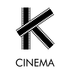 Logotipo con texto CINEMA con letra K como tira de película en color negro