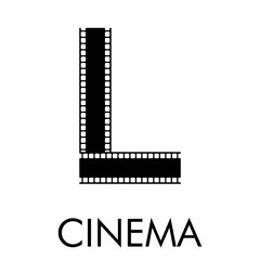 Logotipo con texto CINEMA con letra L como tira de película en color negro
