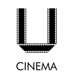 Logotipo con texto CINEMA con letra U como tira de película en color negro