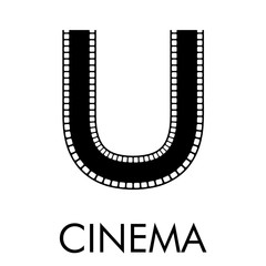 Logotipo con texto CINEMA con letra U como tira de película en color negro