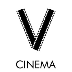 Logotipo con texto CINEMA con letra V como tira de película en color negro