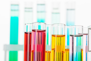 Still life in laboratory. Test tubes with colorful chemicals