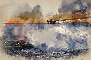 Plakat Digital watercolor painting of Beautiful long exposure sunset over ocean with pier silhouette