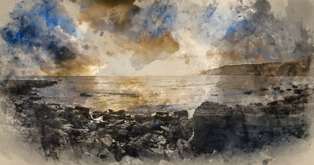 Digital watercolor painting of Brandy Bay sunset landscape in Dorset
