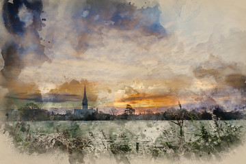 Fototapeta na wymiar Digital watercolor painting of Winter frosty sunrise landscape Salisbury cathedral city in England