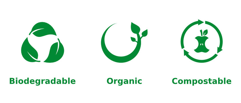 Biodegradable, organic, compostable icon set. Three green eco friendly signs on white background. Organic farming, environmental, healthy lifestyle, ecological, concept. Vector illustration,clip art. 