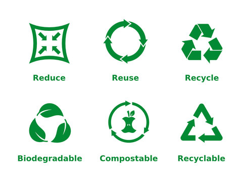 Reduce, reuse, recycle, biodegradable, compostable, recyclable, icon set. Six recycling concept signs on white background. Zero waste, ecofriendly, concept. Vector illustration, flat style, clip art.