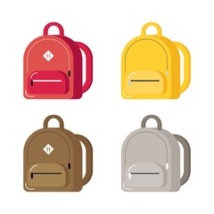 Coloreв back to school backpack. Education and study schoolbag luggage, rucksack vector illustration. Kids school bag with education equipment. vector illustration. web banner, flyer, poster, clip art