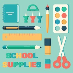 Back to school supplies. Calculator, eraser, pens, brush, scissors, ruler, notebook, backpack, watercolor, pin, marker, sharpener. Office and student items set