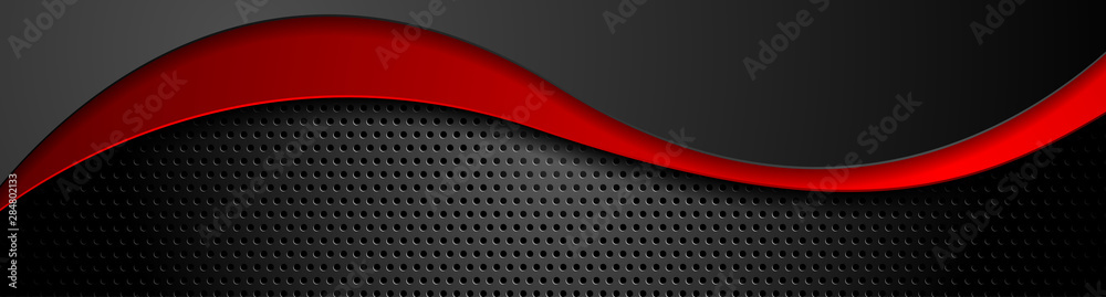 Wall mural abstract composition of red and black waves on dark background. metallic perforated texture design. 