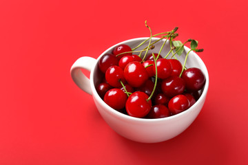 Cup with ripe sweet cherry on color background