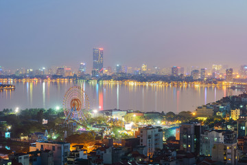 Aerial skyline view of Hanoi city, Vietnam. Hanoi cityscape by sunset period at West Lake, Ho Tay district