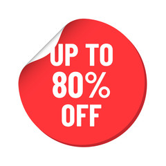 round red discount sticker. bent label isolated on white background. discount up to 80 percent off. illustration for promo advertising discounts