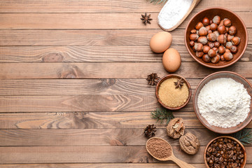 Ingredients for Christmas pie on wooden background