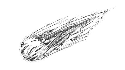 Danger Space Burning Asteroid Monochrome Vector. Flying Asteroid Celestial Body Of Solar System. Cosmic Comet Meteor Small Planet Hand Drawn In Vintage Style Black And White Illustration © PikePicture