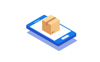 Creative isometric smartphone with craft paper secret gift box. Online shopping concept.