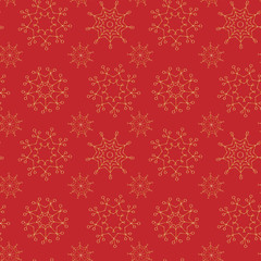 New year seamless repeat pattern with gold snowflakes at the red background. Usable for party invitations, greeting cards, posters, wrapping paper, packaging. Vector illustration