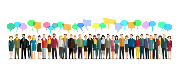 Concept of teamwork. People with colorful speech bubbles