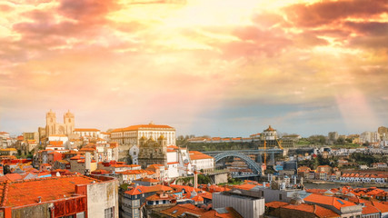 Fototapeta na wymiar Panorama of the Old Town of Porto in Portugal in the sunshine. View from above