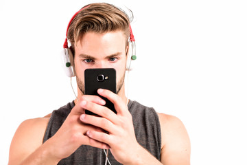 Audio quality. Modern earphones. Music application smartphone. Inspiring music concept. Man...