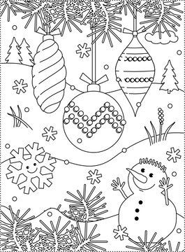 Winter holidays joy themed coloring page with christmas tree ornaments and cute cheerful snowman