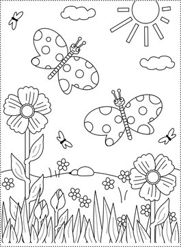 Spring or summer joy themed coloring page with butterflies, flowers, grass.