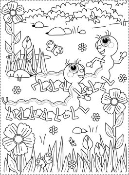 Spring Or Summer Joy Themed Coloring Page With Caterpillars, Flowers, Grass.