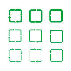 Green rectangular loop icon set on white background. Rounded square arrows representing circulation. Recycle concept. Refresh, reload, cycle sign collection. Vector illustration, flat style, clip art