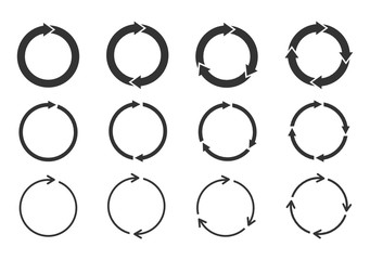 Set of circle arrows rotating on white background. Refresh, reload, recycle, loop rotation sign collection. Black circle arrows for infographics, web design. Vector illustration, flat style, clip art.