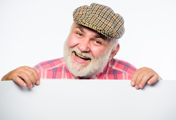 cheerful grandpa. job search. Need help. wanted. Copy space placate information. happy mature man in retro hat. Advertisement. Advertisement shop. Senior bearded man place announcement on banner
