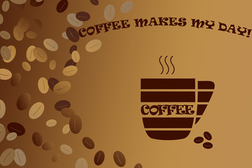 Illustrated banner with coffee theme. Stylized coffee cup with lettering, coffee beans and motto on a beige-brown gradient background.