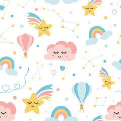 Cute childish background made of cartoon signs: stars clouds rainbow air ballon vector pattern