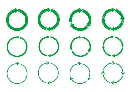 Set of green circle arrows rotating on white background. Recycle concept. Arrow heads representing circulation. Refresh, reload, loop rotation sign collection. Vector illustration,flat style, clip art