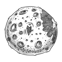 Designed Space Full Moon Planet Monochrome Vector. Astronomical Body Earth Orbit And Planet Natural Satellite Moon. Galaxy Lunar Hand Drawn In Vintage Style Black And White Illustration