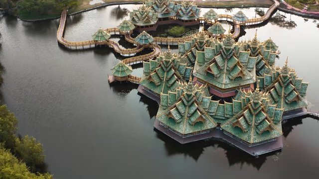 Aerial footage of Ancient city Muang Boran in Bangkok Thailand
