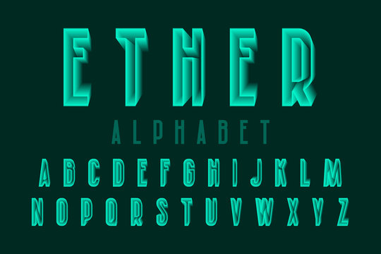 Ether alphabet of green translucent letters. Urban 3d font. Isolated english alphabet.