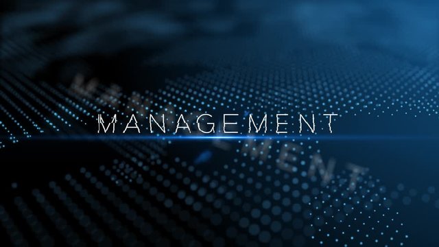 Management modern intro text 3D animation with lens flare and depth of field focus blur