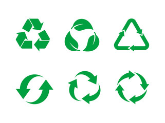 Recycle symbol vector set. Green recycle sign set on white background. Collection of 6 different recycling icons. Reuse, renew, recycling materials, concept. Vector illustration, flat style, clip art.