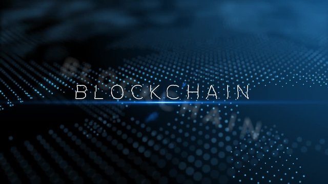 Blockchain modern intro text 3D animation with lens flare and depth of field focus blur