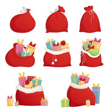 Set full bag of gifts from Santa Claus. Christmas decorative element. Flat vector illustration