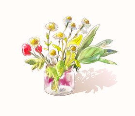 Little cute bouquet of wildflowers. Watercolor daisies and poppies. Sunny vector sketch