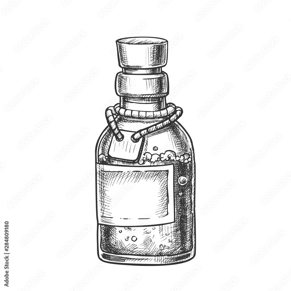 Sticker bubbled potion elixir bottle monochrome vector. glass bottle with blank label on planted yarn. poiso